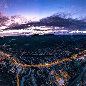 Drone shot of downtown Durango at night